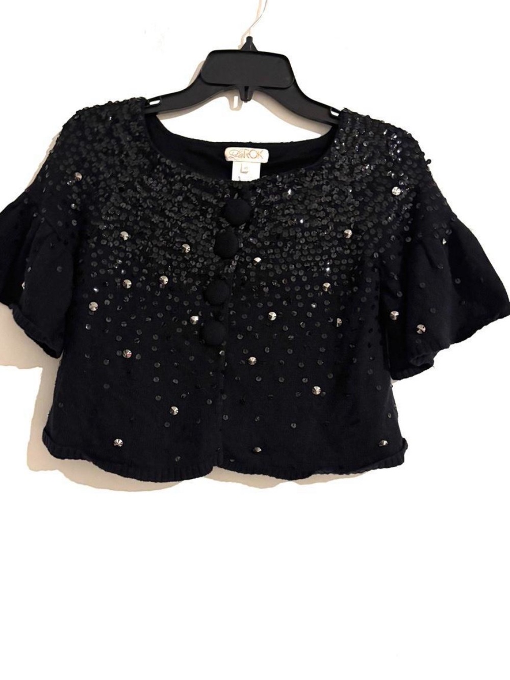LaRok Sz XS Black Glam cashmere/cotton sequin crop top with silver sequins blend